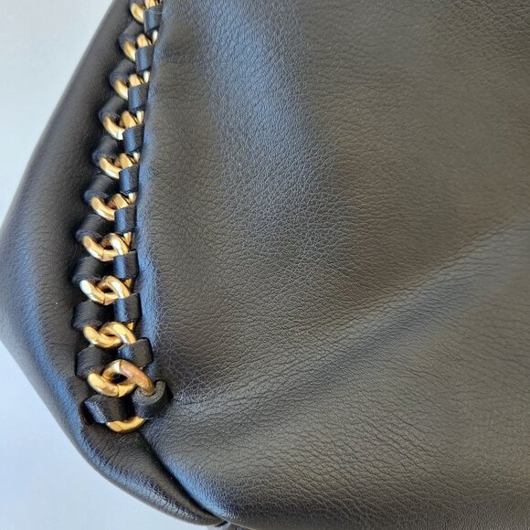 Bebe Black Faux Leather Bag Purse Large Gold Chains Glam Edgy Maximalism Loud - Picture 8 of 16